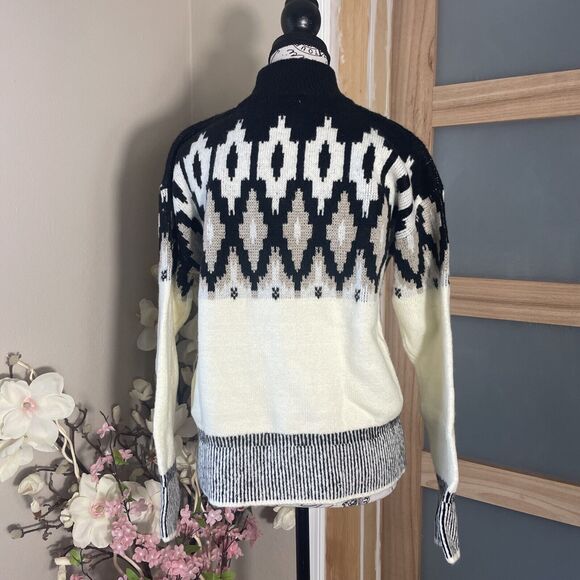 89th & Madison Womens S Mock Neck Geometric Ivory Beige Black Knit Sweater - Picture 5 of 7